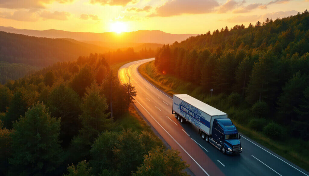 Tractor Trailer driving through a forest